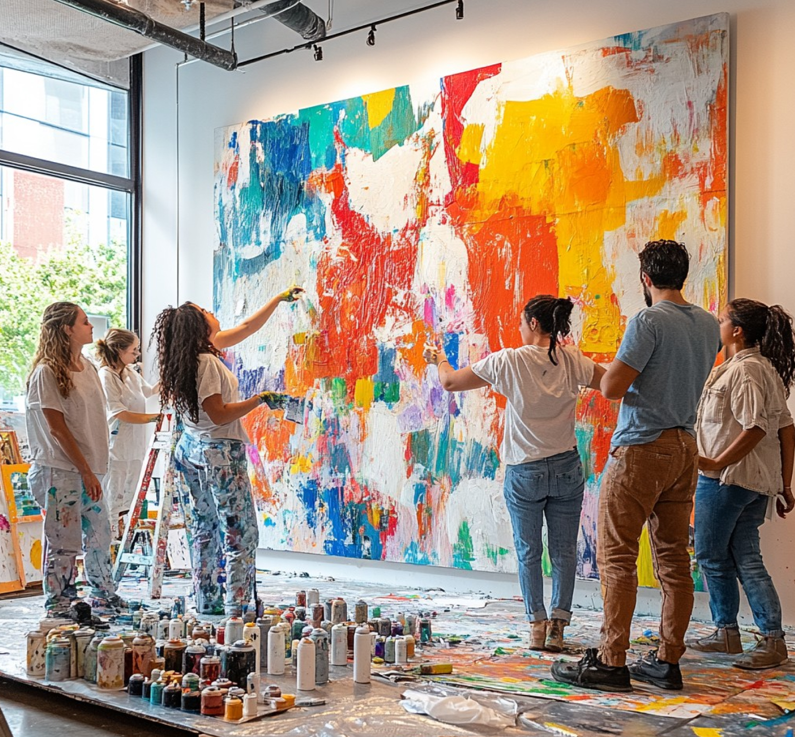 Artists painting a large colourful mural together