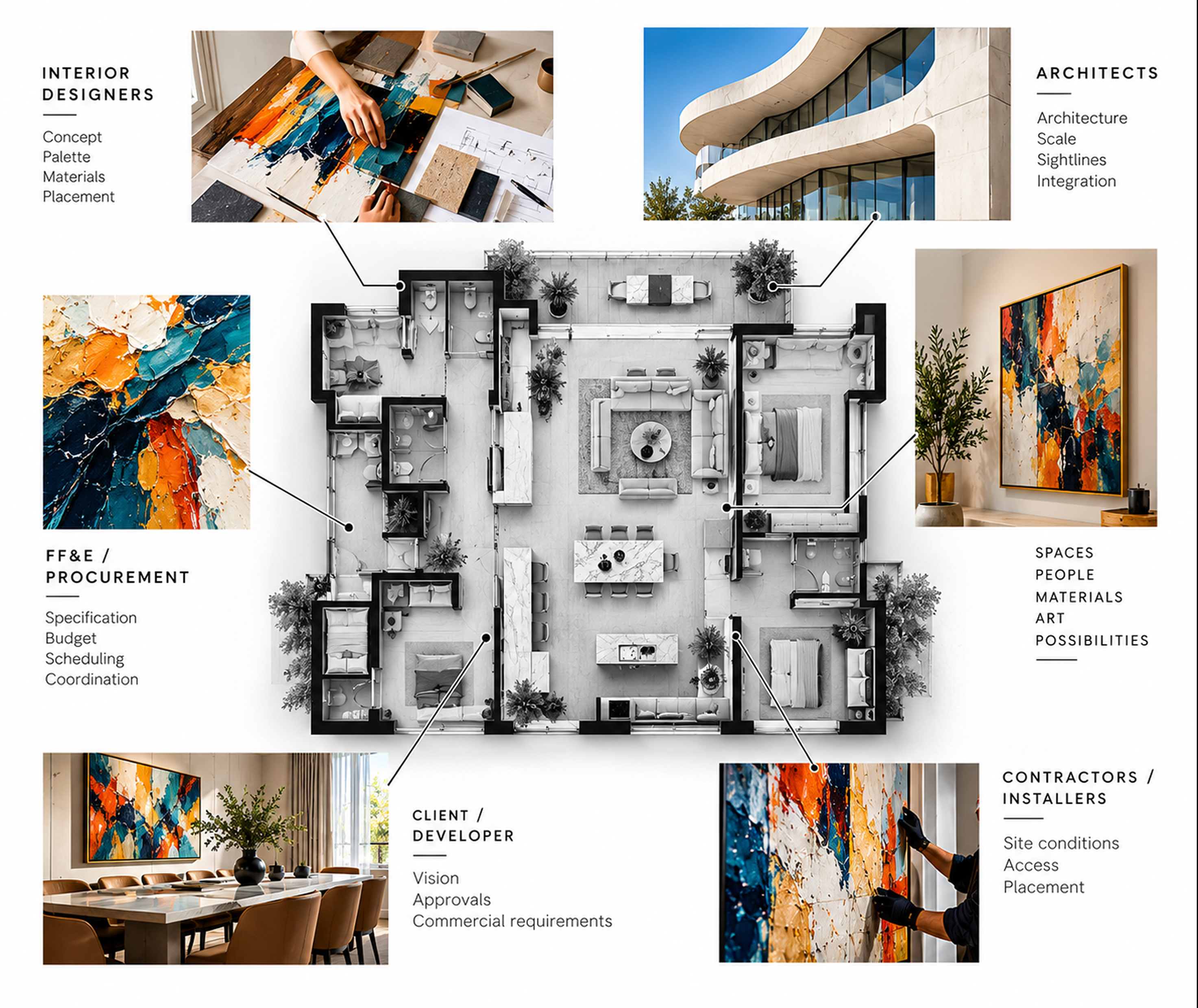 Collaboration diagram connecting interior designers, architects, procurement, client and contractors around a floor plan