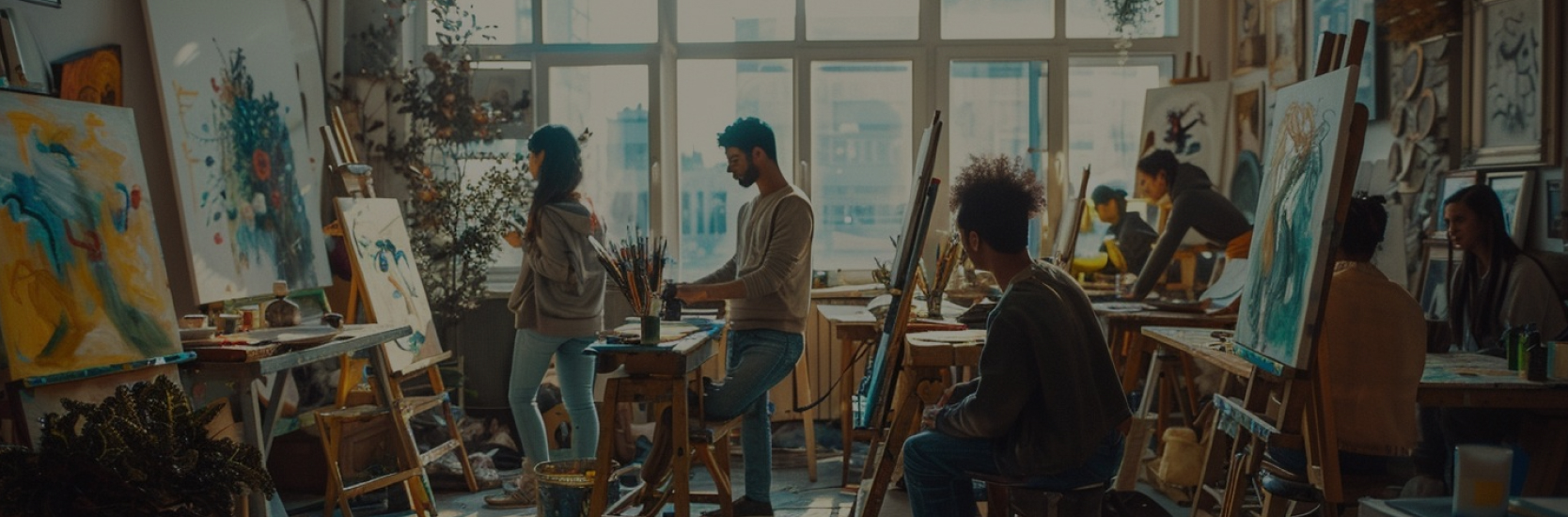 Artists painting in a busy studio