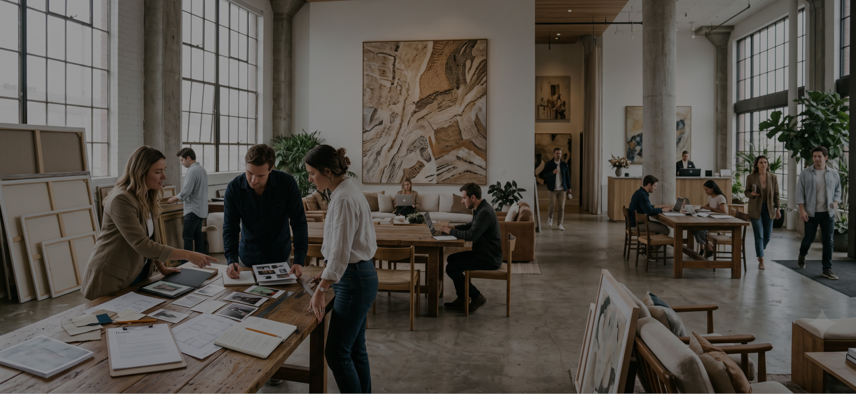 A team gathered around a table of artwork samples in a loft interior