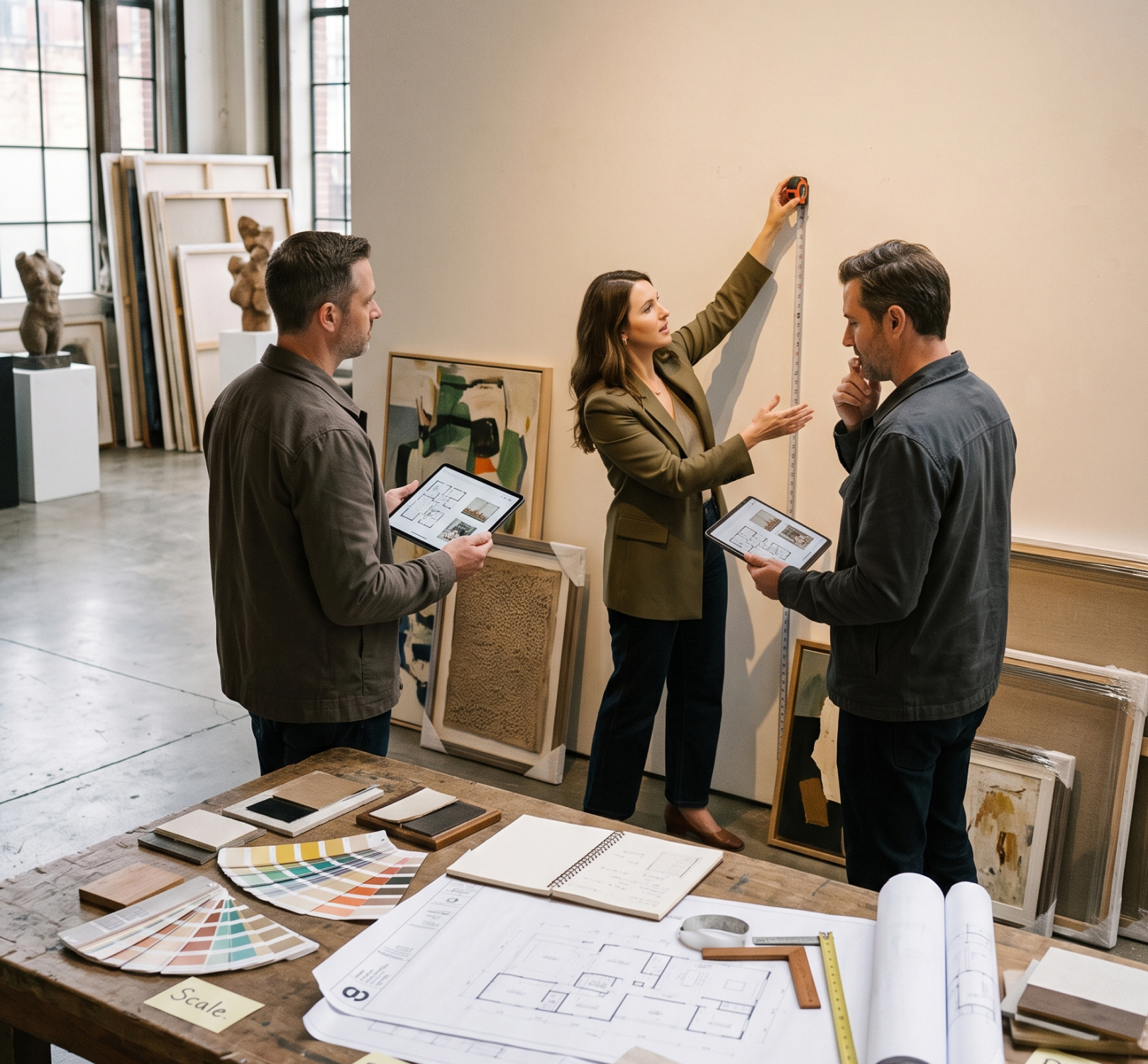 Designers and an art consultant measuring a wall beside samples and floor plans