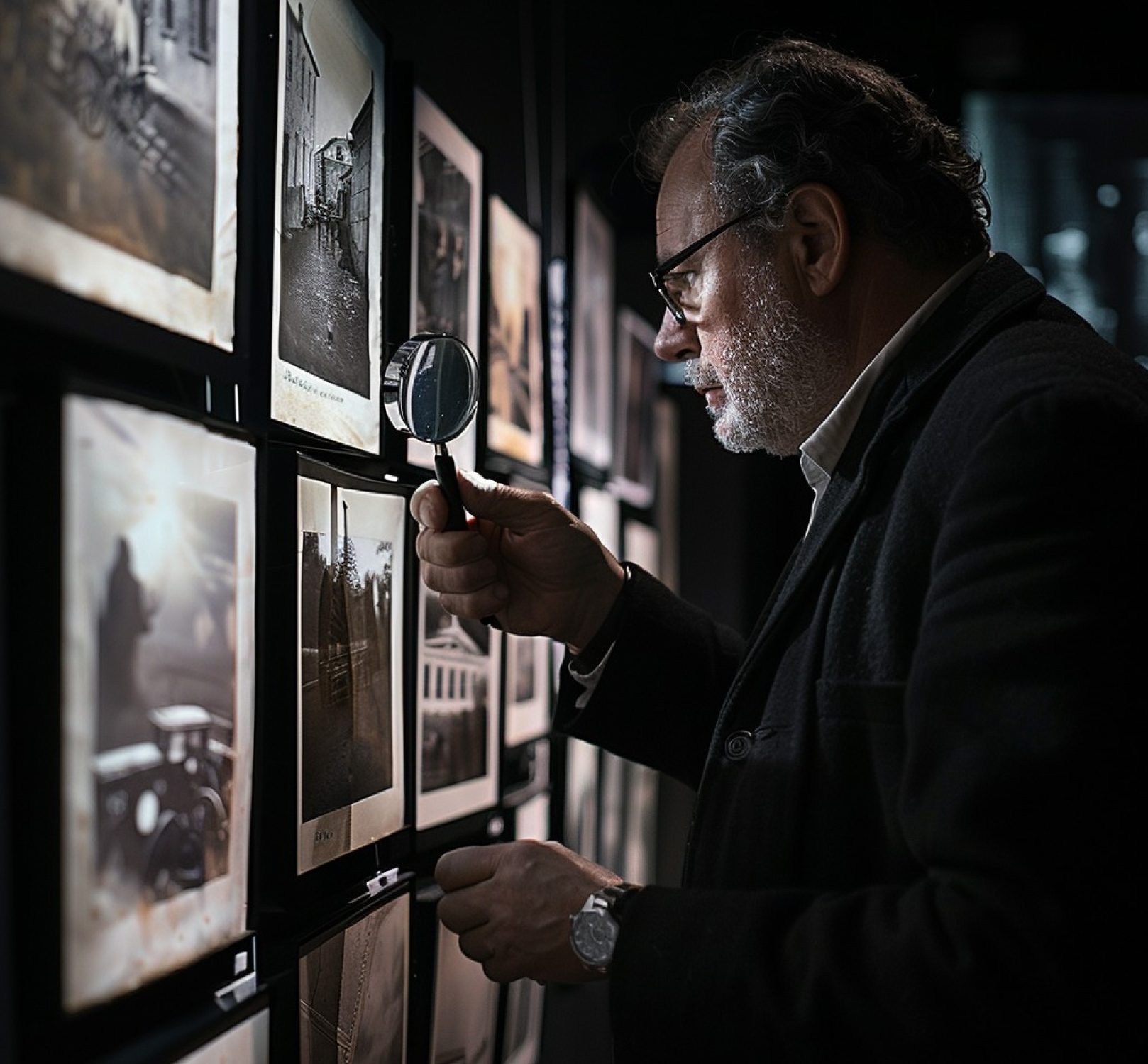 A collector studying framed photographs with a magnifying glass