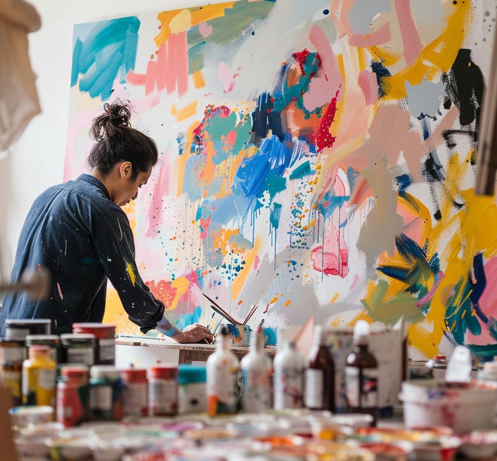 A painter working on a large colourful abstract canvas