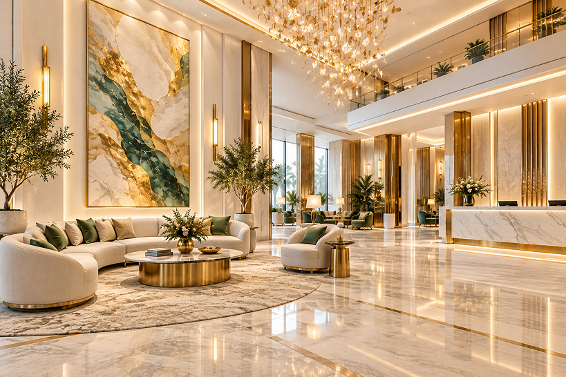A grand lobby with a large painting and lounge seating