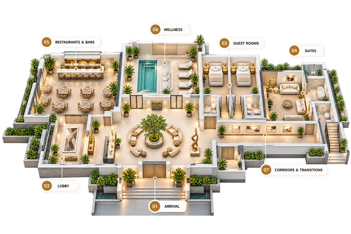 Aerial floor plan of a hospitality property numbered from arrival and lobby to guest rooms, suites, restaurants and bars, wellness, and corridors