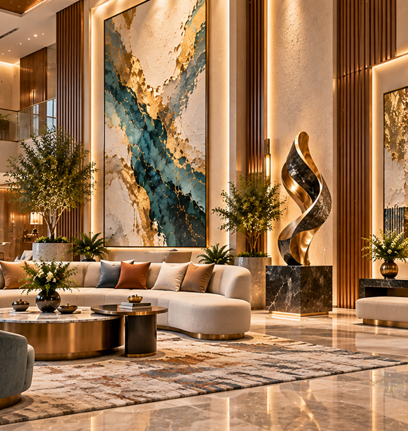 Luxury lobby with a statement artwork, sculpture and lounge seating
