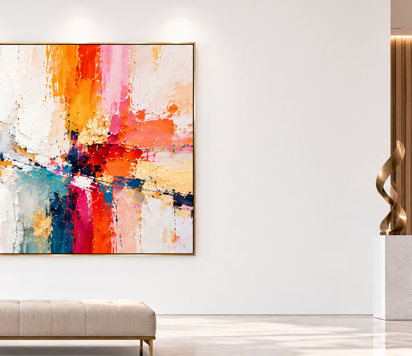 A large colourful painting above a bench in a bright room