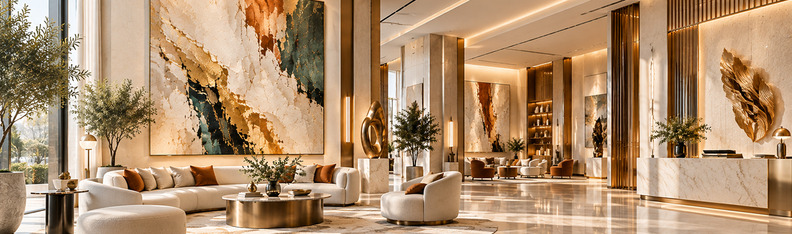 Sunlit gallery lounge with large abstract artworks and lounge seating