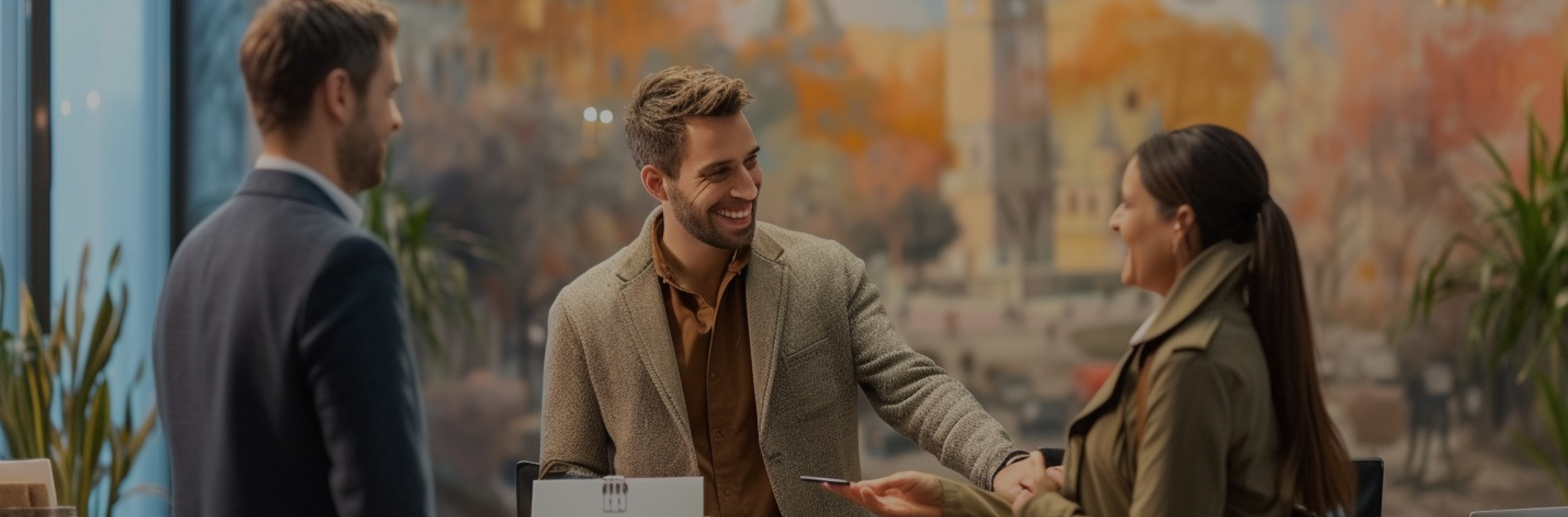 Hospitality professionals discussing a project beside a large abstract painting