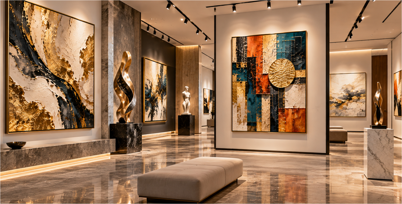 A gallery wall of five large artworks above a long bench