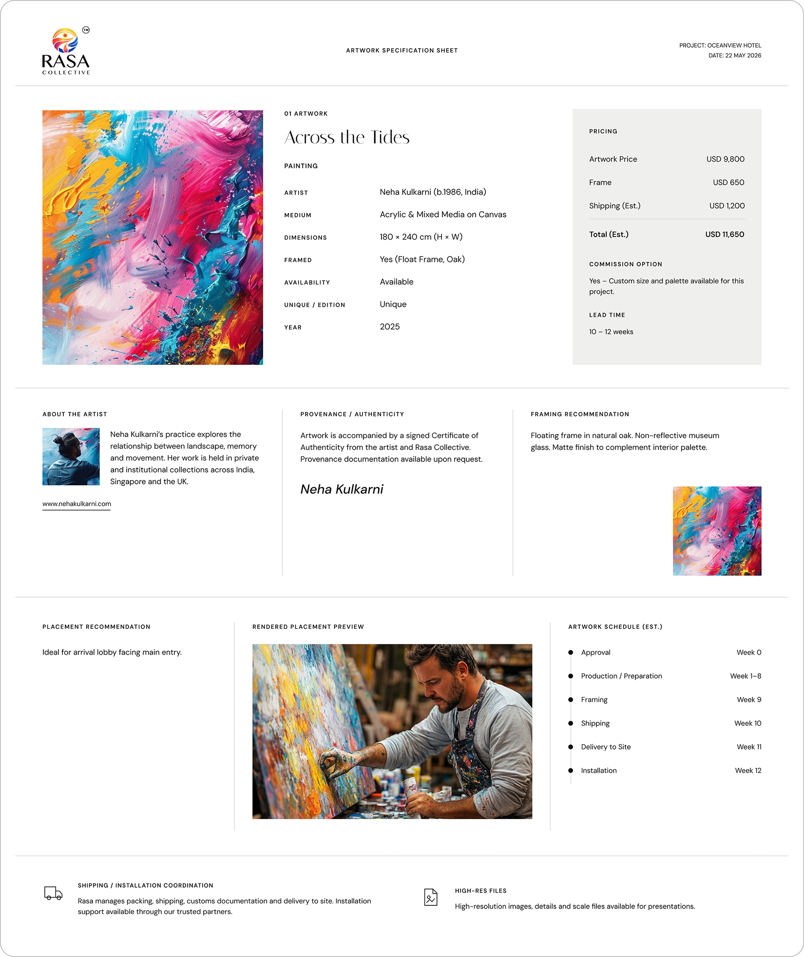 Artwork specification sheet for &lsquo;Across the Tides&rsquo; with pricing, provenance, framing, placement and schedule