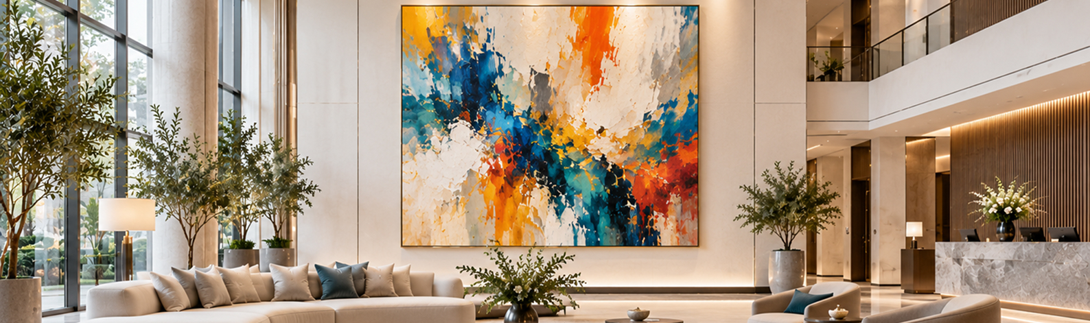 A bright atrium with a large abstract painting