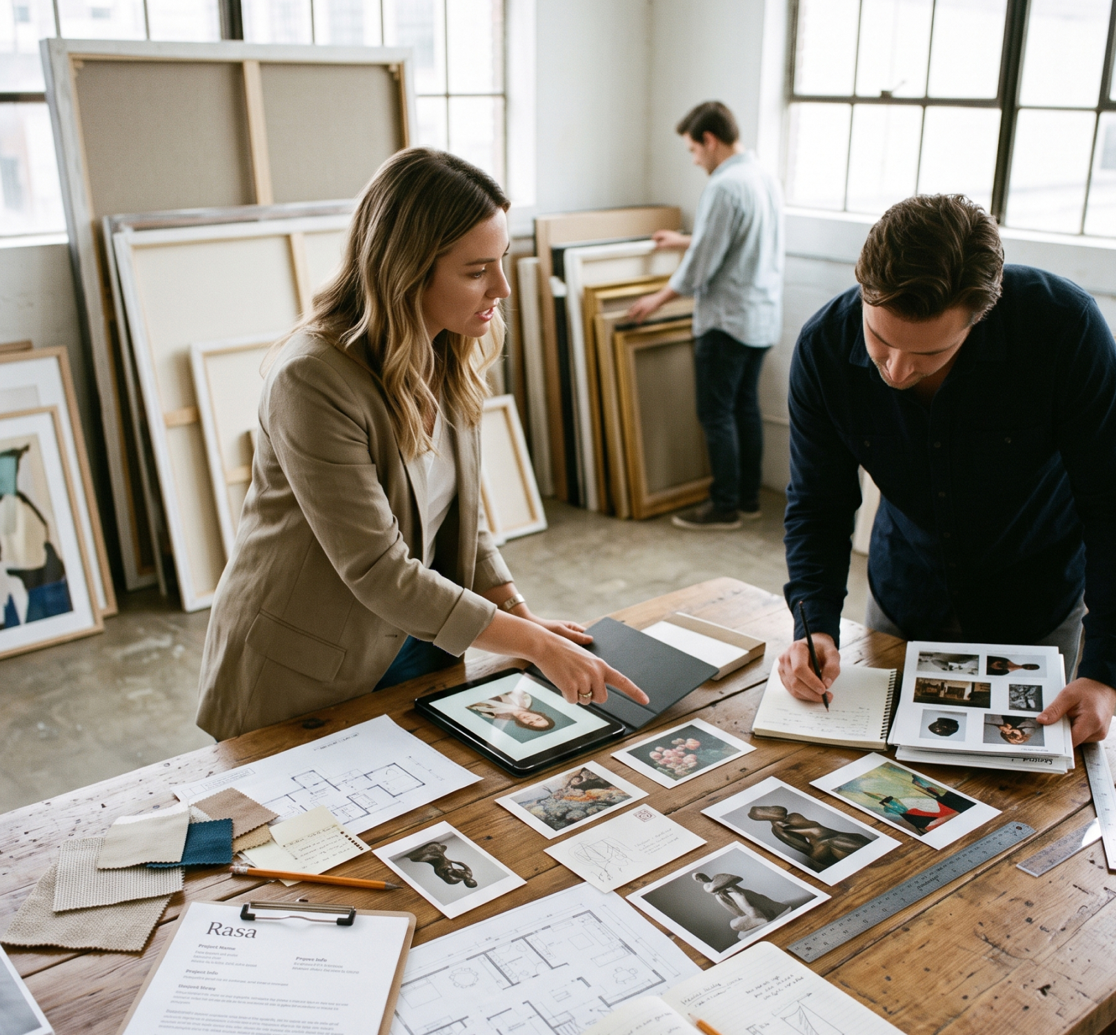 Two people reviewing artwork prints
