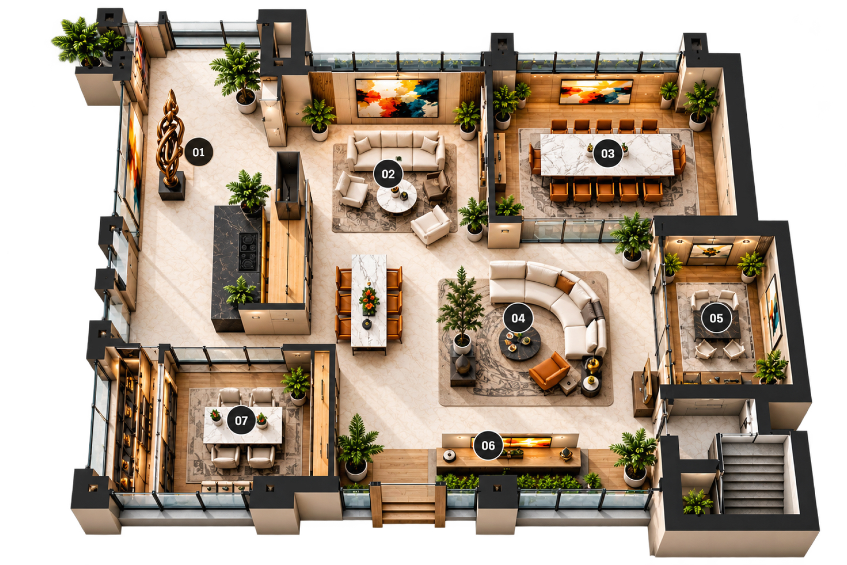 Floor plan of a workplace with numbered spaces for arrival, client, meeting, shared, focus, transition and leadership areas
