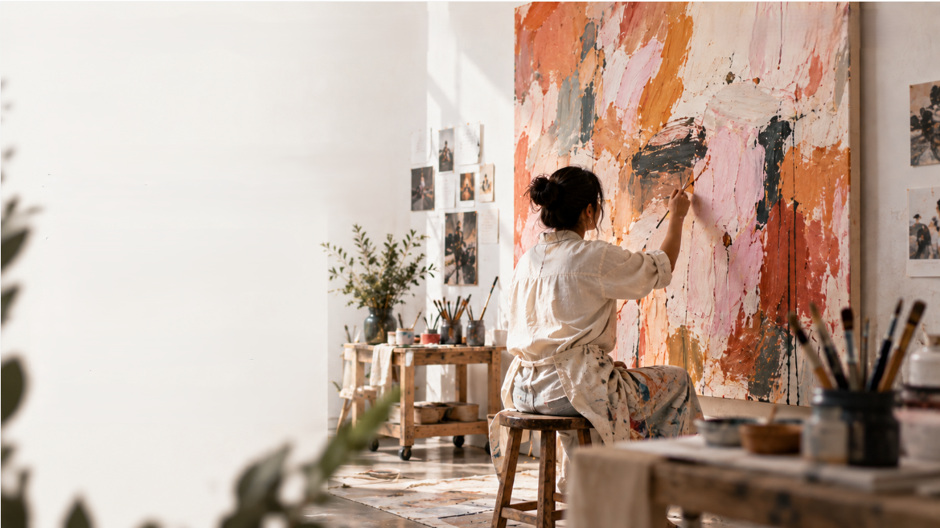 Artists painting in a busy, sunlit studio