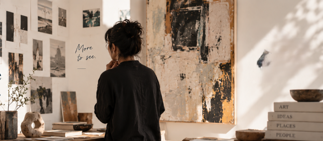 An artist studying a wall of reference photographs