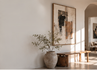 A framed abstract painting in a sunlit room