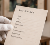 A gloved hand holding a provenance document