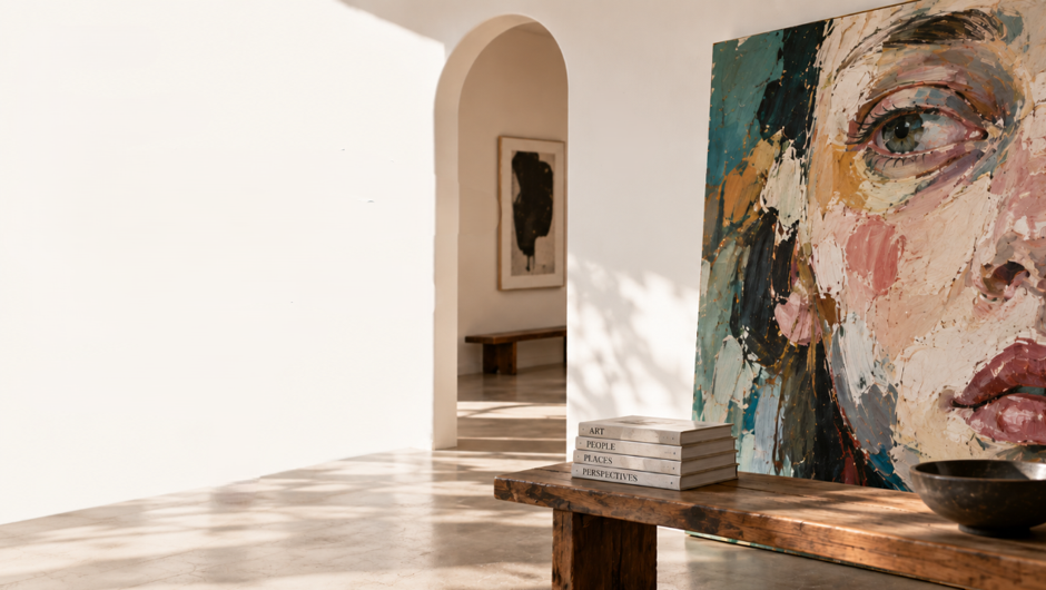 A sunlit gallery interior with a large portrait painting