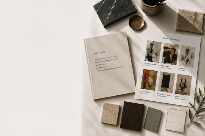 Material and artwork moodboard for a project brief